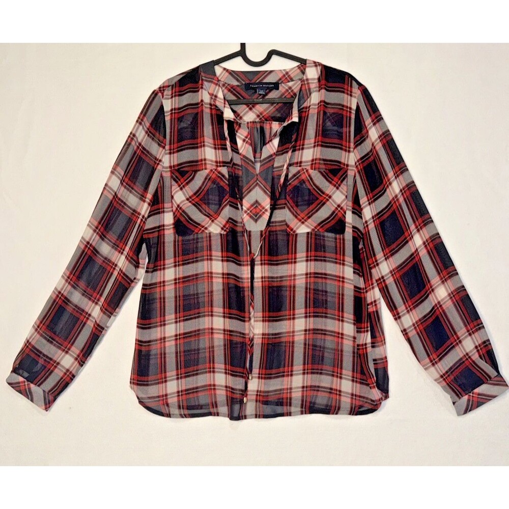 Tommy Hilfiger Women's Sheer Blouse Black/Red Plaid V Neck/Tie Close Sz L Classy